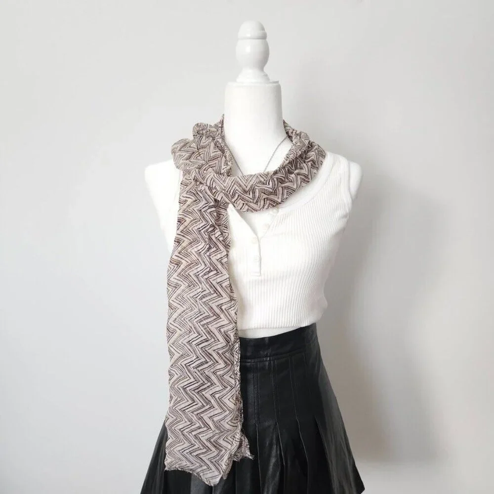 Y2K Skinny Scarf Zig Zag Print Lightweight India Brown Yellow Neutral Preppy Vtg